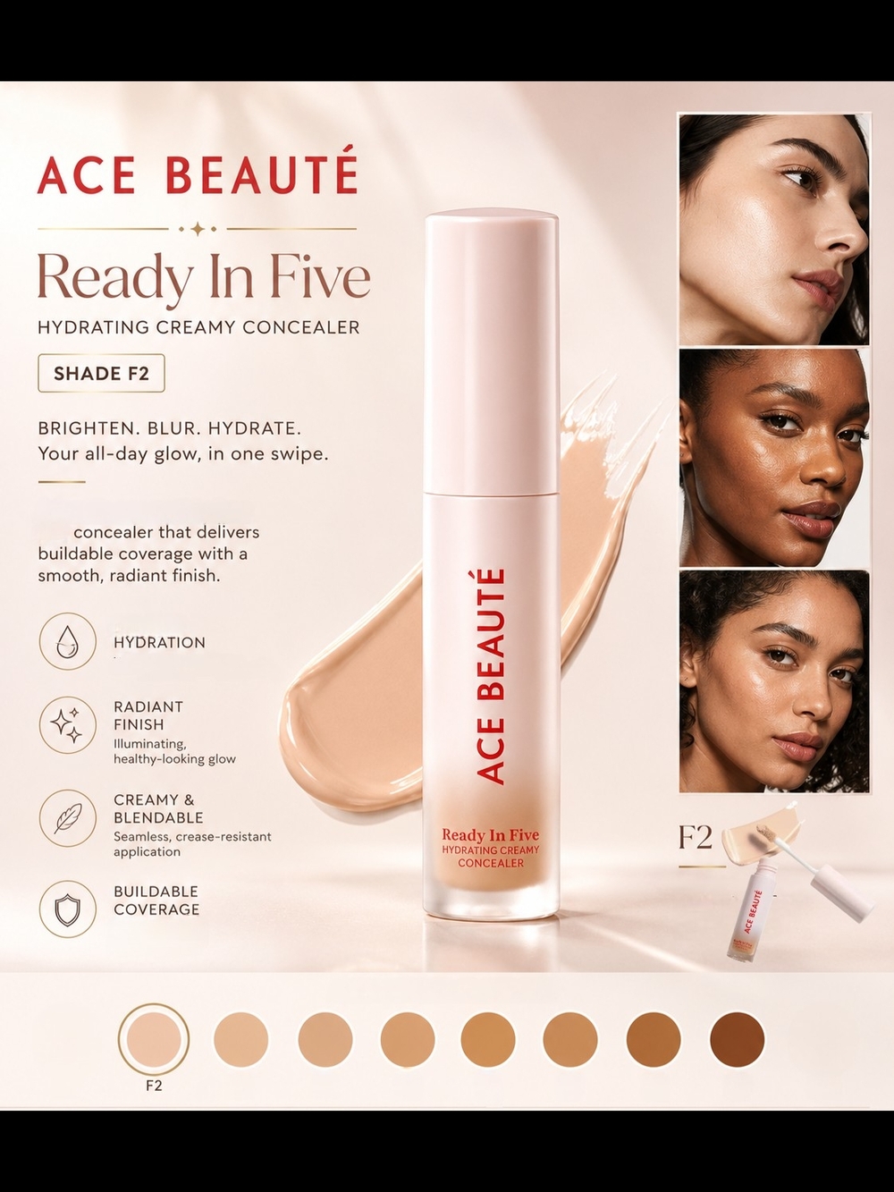 ACE BEAUTÉ Ready In Five Hydrating Creamy Concealer – Shade F2